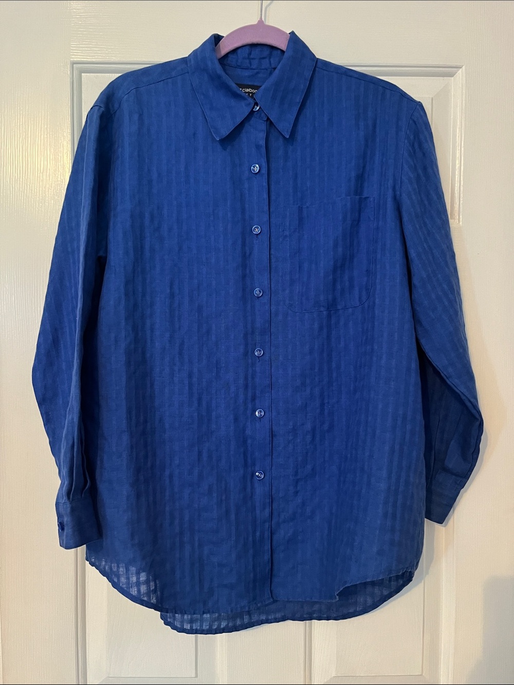 100% Linen Woven Texture Button-Up Shirt in Bright Blue